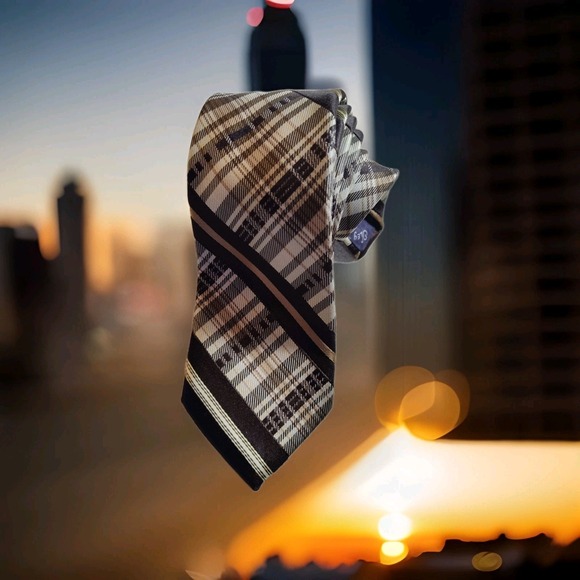 Oleg Cassini Men's Necktie 54x3 Tie Repp Silk Brown Plaid Striped 1563 - Picture 1 of 3